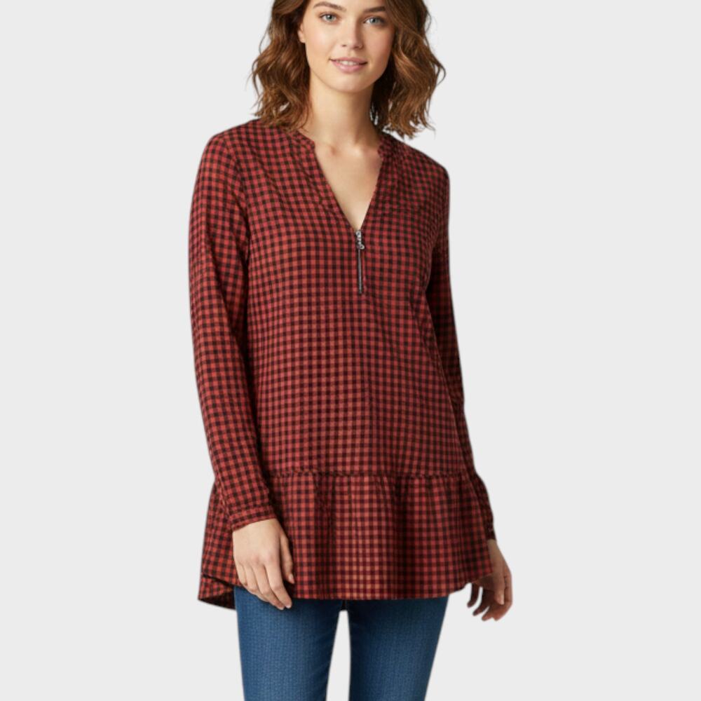 Falls Creek Womens Medium Red Black Check Peasant Top Polyester Rayon